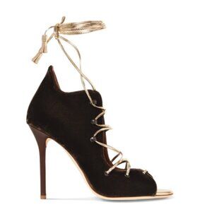 Malone Souliers Brown Velvet Savannah Open Toe Ankle Wrap Pump Heels EU 37 US 7